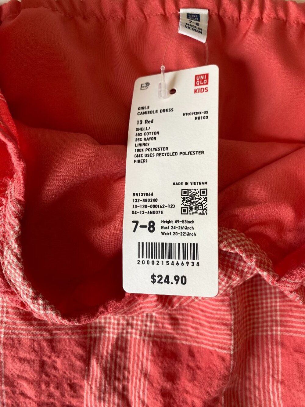 NWT Uniqlo Girls Coral Plaid Cami Dress, Size 7-8, Cotton Blend - Picture 5 of 5